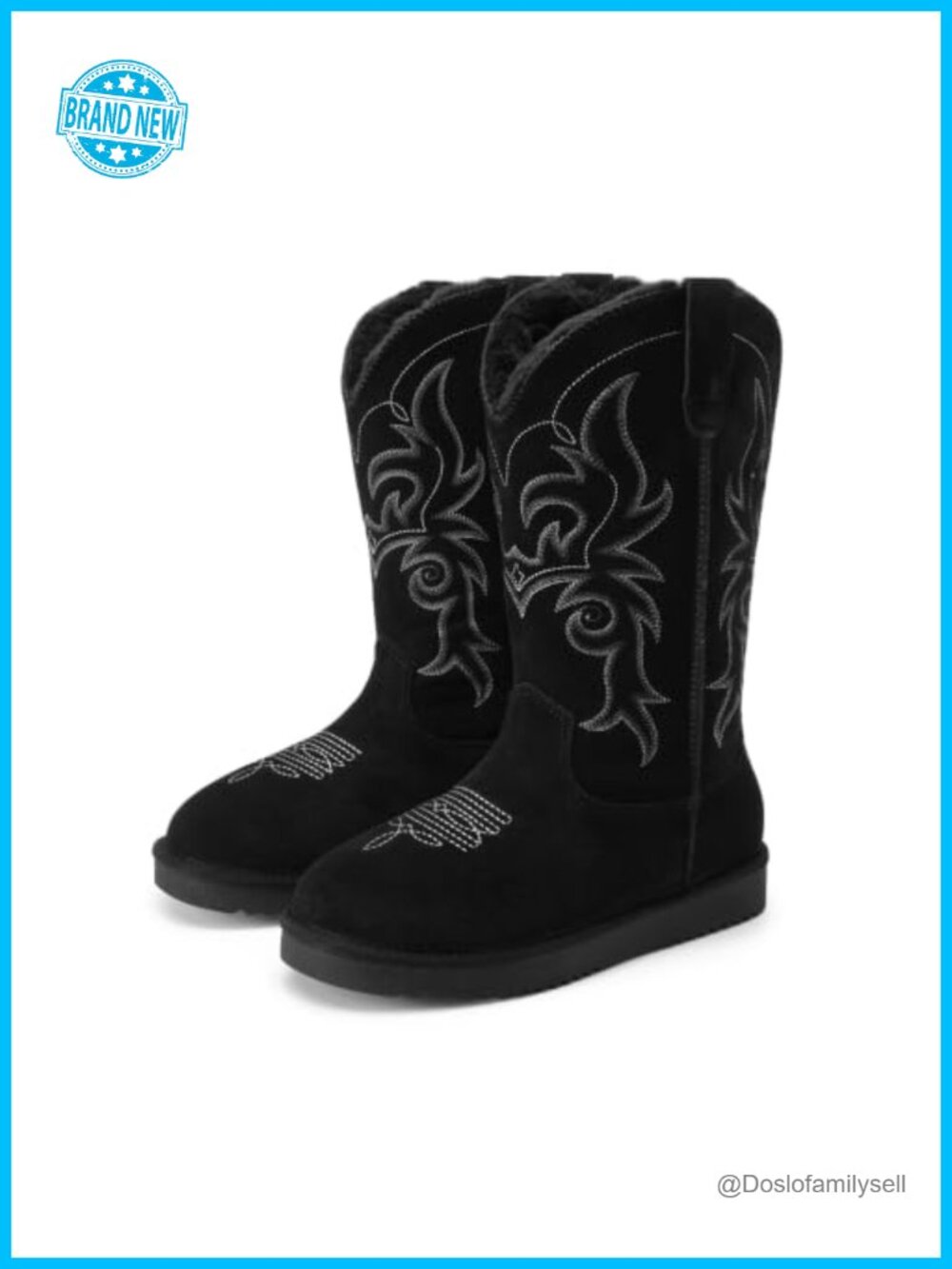 Suede Cowboy Boots Knee High Winter Snow Boots Faux Fur Lined